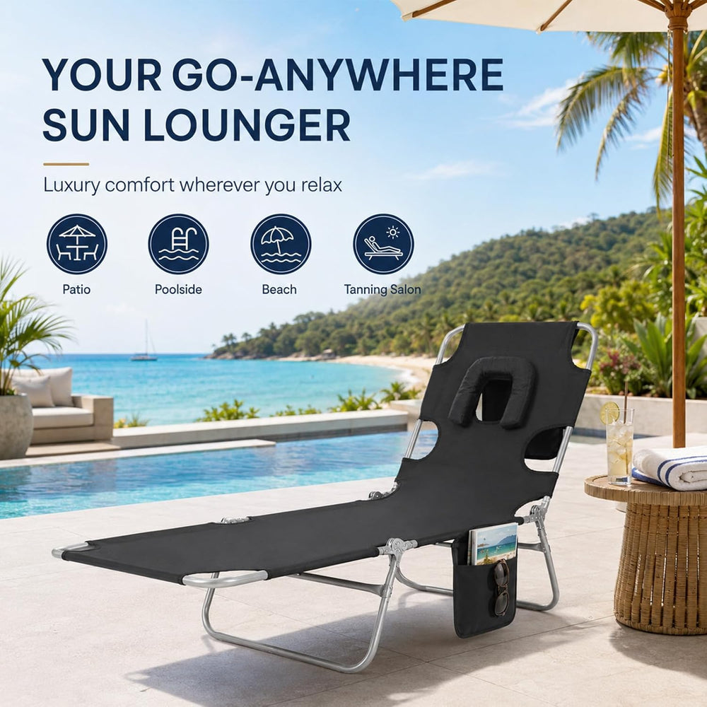Tanning Chair, Folding Beach Lounge Chair with Face Hole and Arm Slots, 5-Pos...
