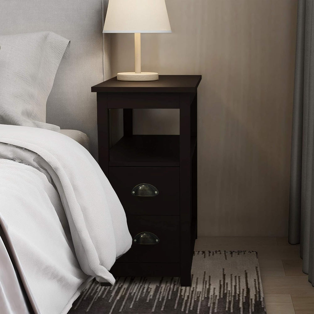 Espresso Narrow Side Table with 2 Drawers & Open Storage Shelf, Wooden Sl...