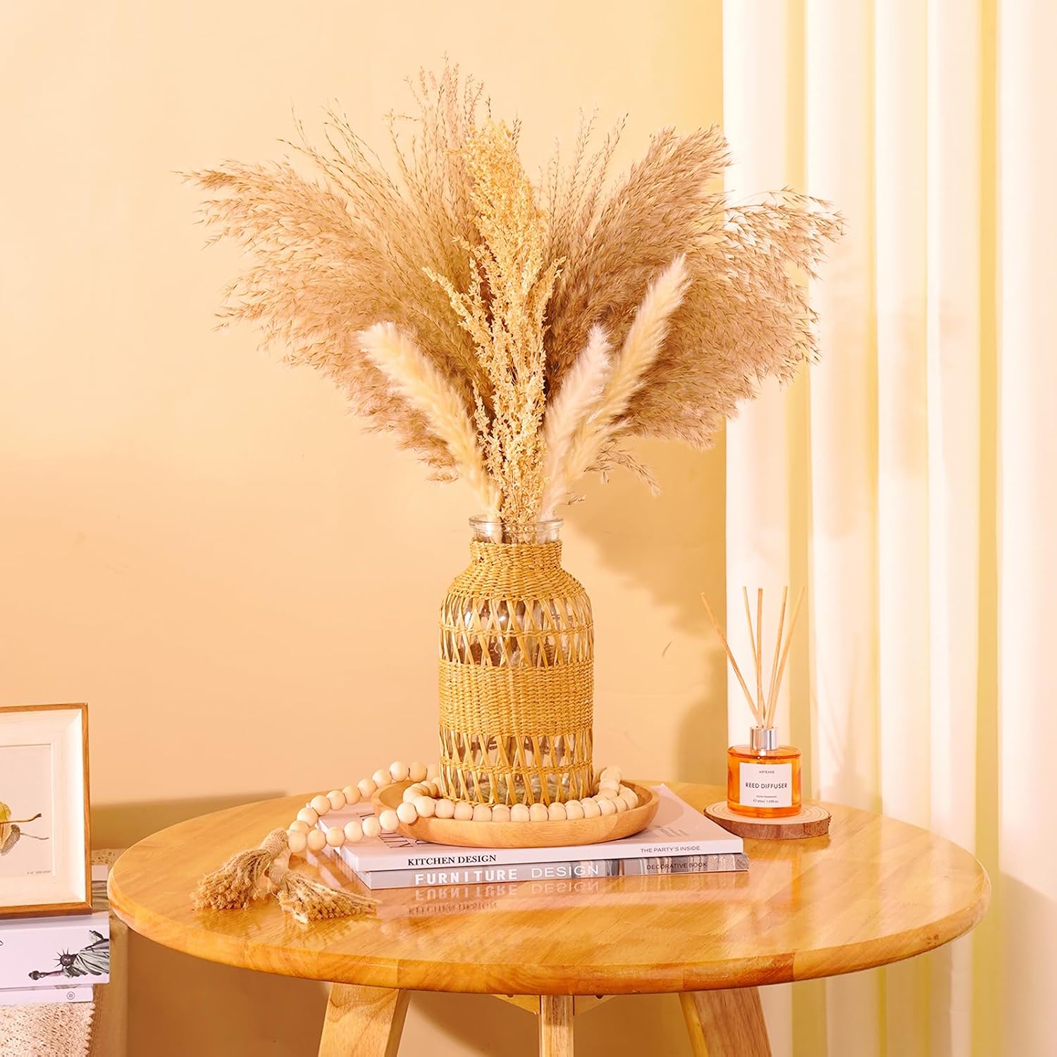 ZENS Rattan Boho Vase, Hand Woven Wicker Cover Glass Flower Vases for Pampas Grass, Artistic Boho Style Country Vase for Fall Flower Decor, Home Table Centerpiece, Farmhouse Decorative