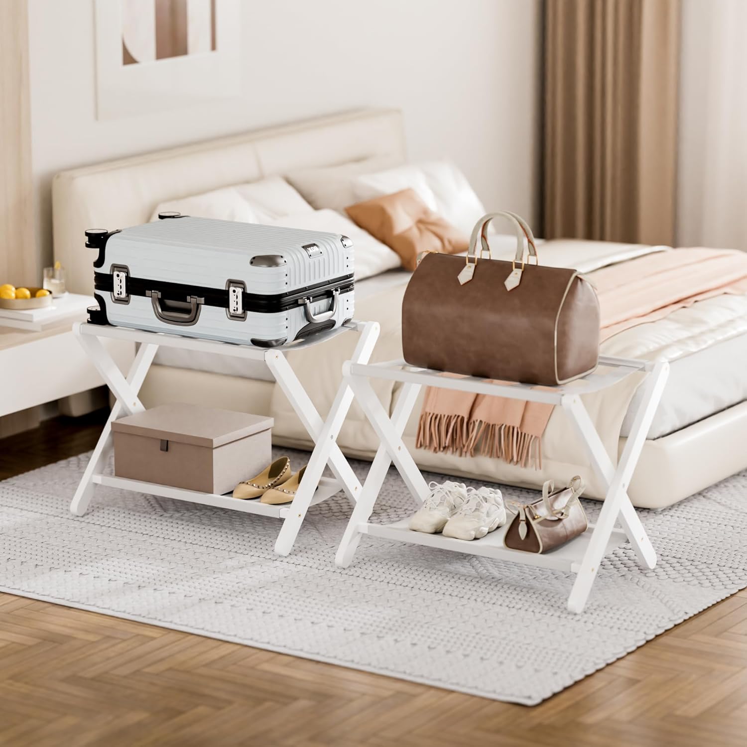 HITNET White Luggage Rack, Set of 2, Folding Suitcase Stand with Storage Shelf, Bamboo Luggage Holder with 5 Nylon Straps for Guest Room Bedroom Hotel