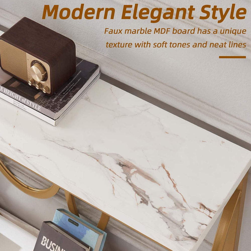 HOMISSUE Sofa Console Table, Modern Gold Console Table with Faux Marbled Tabl...