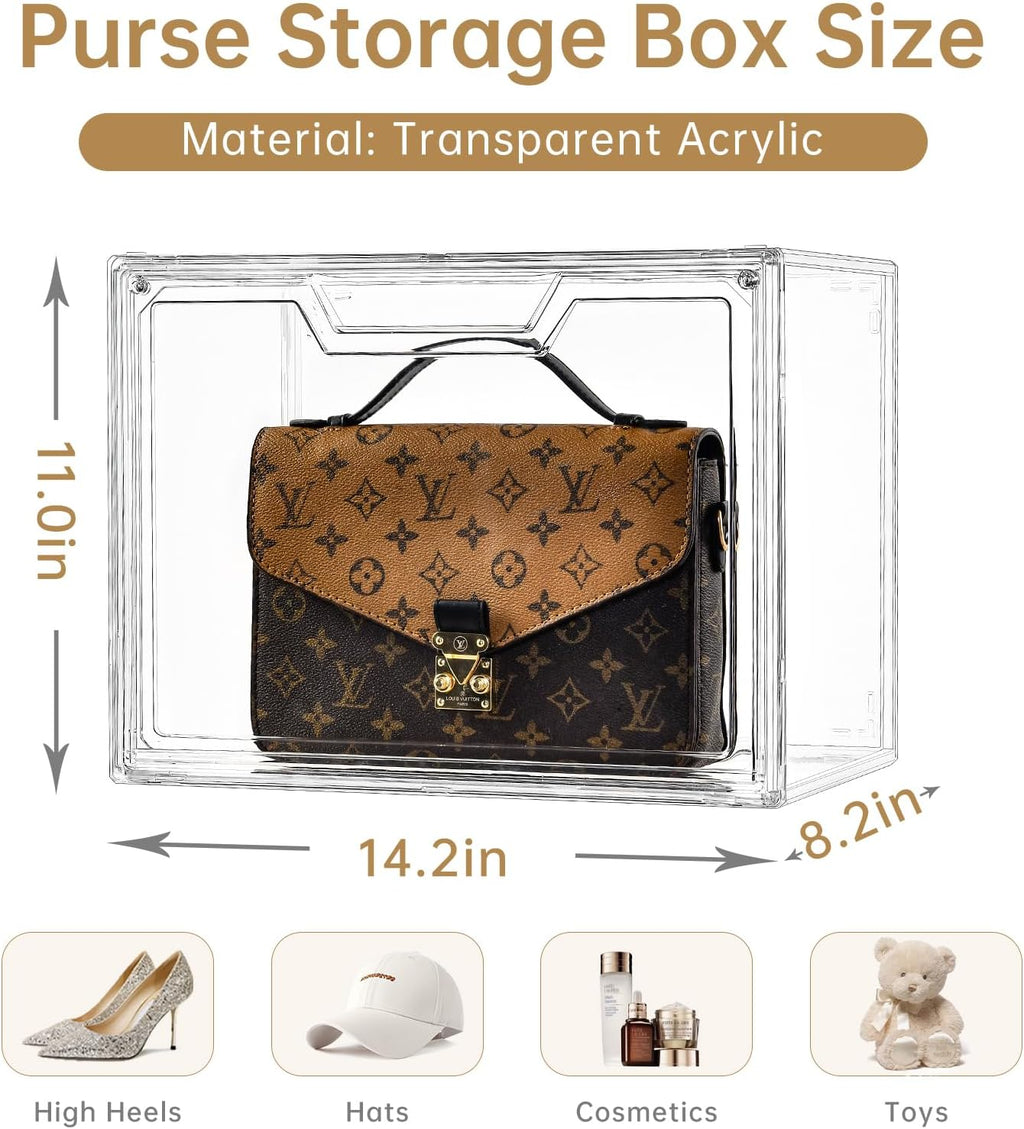 Purse Organizer for Closet,Clear Acrylic Display Case for Handbag Organizer, Purse Storage Box with Magnetic Door, Plastic Storage Bins for Book, Collectibles, Cosmetic (9 Pack)