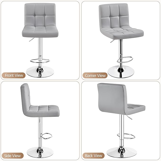 Yaheetech Single Bar Stool, PU Leather Adjustable Barstools, Modern Counter Stools with Back and Footrest, Counter Height Barstools for Bar, Kitchen, Dining Room, Light Gray
