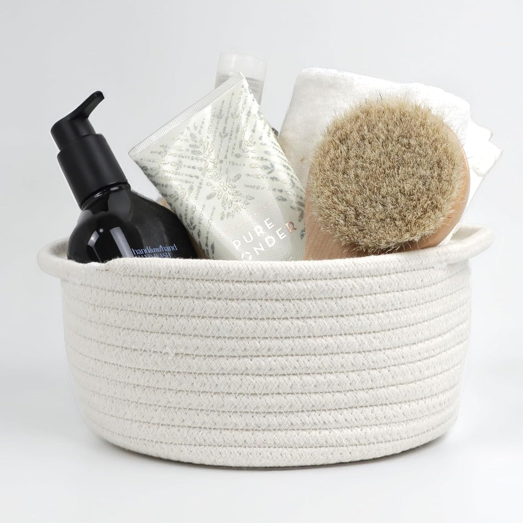 Small Woven Cotton Rope Baskets with Handles, Set of 3, White | Small Gift Baskets, Decorative Storage Baskets, Round Boho Design, Nursery and Bathroom Organizer, Multi-Room Storage