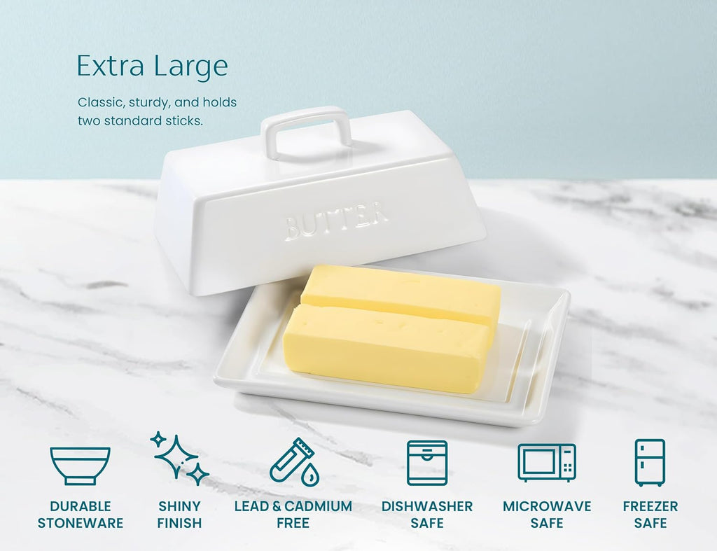 Kook Ceramic Extra Large Butter Dish with Lid, Holds 2 Sticks, Fits East Coast , West Coast, European style and Kerrygold butter, Kitchen Countertop Butter Keeper, Serving Tray with Cover, White
