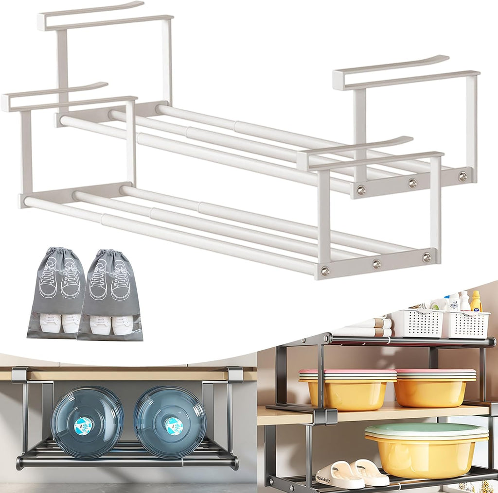 Cabinet Telescopic Shelf, Slim Descent Cabinet Tiers, Retractable Hanging Shoe Rack Organizer, Multifunctional Telescopic Shelf Cabinets for Storing Shoe Cloth,Snack (2pcs White, 40-75cm)
