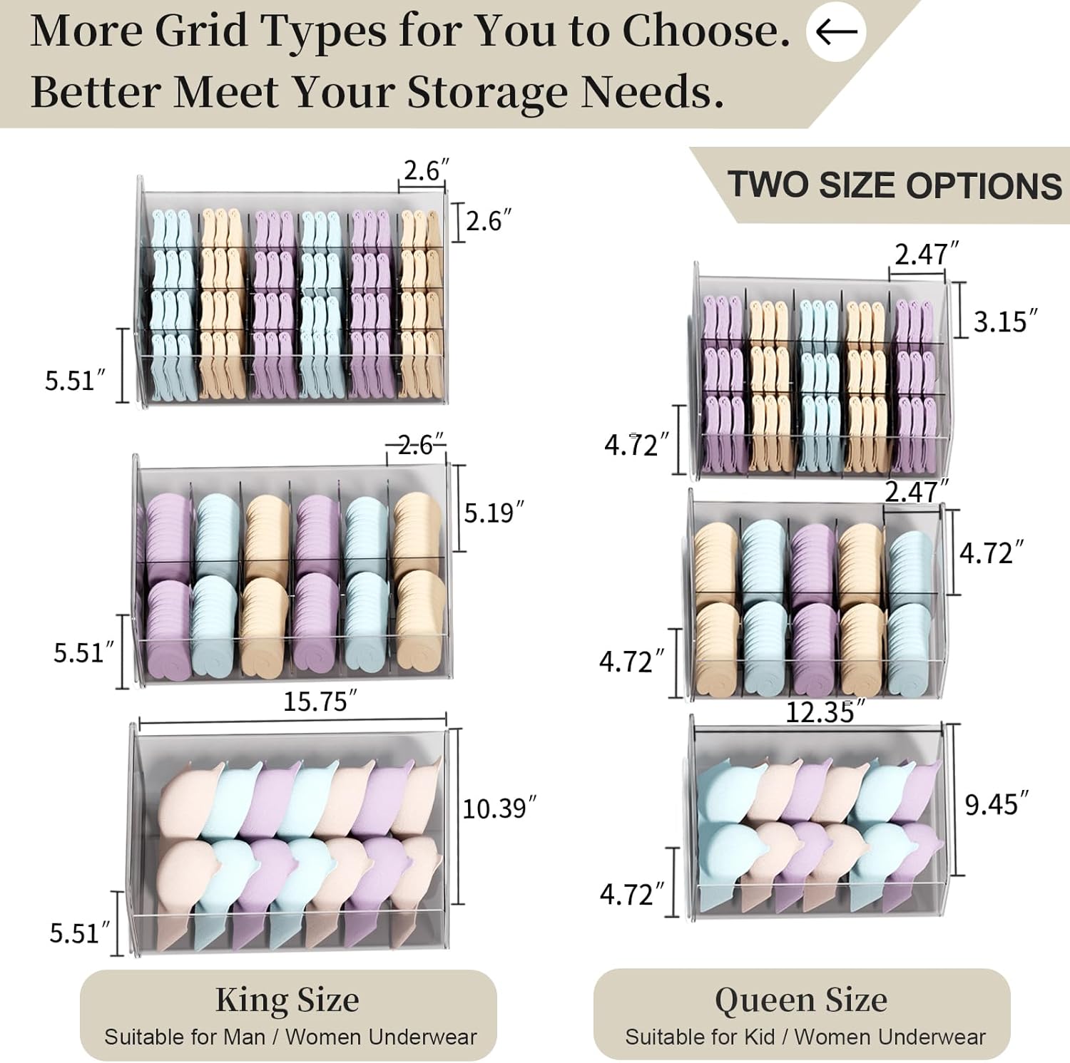 Underwear Organizer Drawer, 1 Cell Plastic Sock Underwear Storage Drawer, Stackable Closet Organizers and Storage Box for Bras, Socks, Scarves, Ties, Belt (Queen Size-White, 1 Pcs)