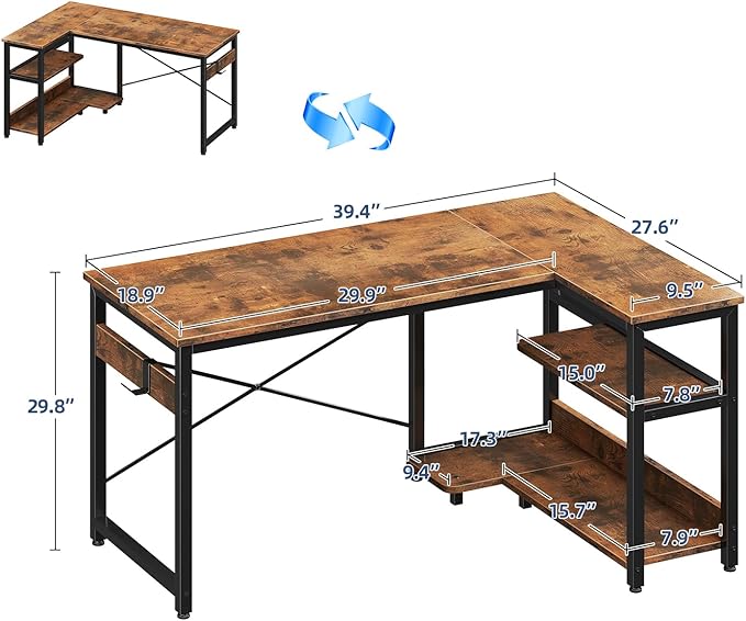 Casaottima L Shaped Computer Desk, 40 Inch Small Corner Desk with Storage Shelves & PC Stand, Reversible Gaming Desk for Bedroom, Modern Writing Study Table for Home Office, Vintage