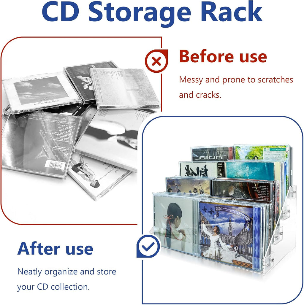 4Tier Clear Acrylic CD Holder - Cascading CD & DVD Storage Rack with Vinyl Record Stand - Holds up to 32 Cases (Large, Clear)