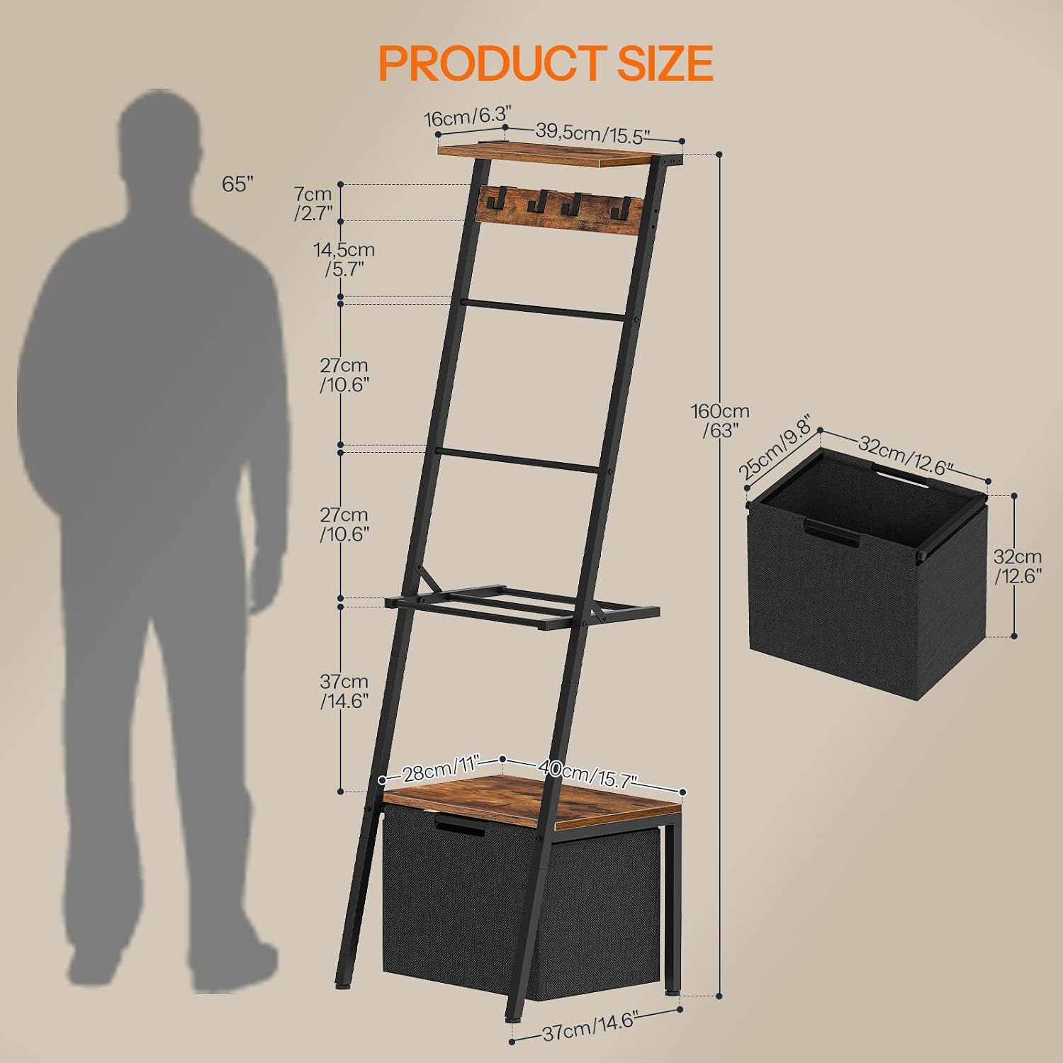 HOOBRO Blanket Ladder Bundle, 63.4" H Decorative Ladder Shelf with Hooks, Towel Rack with 1 Fabric Drawer, BF13CJ01-BF92CJ01