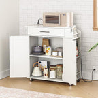 HOOBRO Kitchen Island with Power Outlet, Kitchen Storage Island with Spice Rack and Drawer, Rolling Kitchen Cart on Wheels, for Home, Kitchen and Dining Room, White WT82UZD01G1
