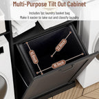 Over The Washer and Dryer Storage Cabinet, Laundry Room Organizer Standing Shelf with Tilt-Out Laundry Hamper Cabinet and Hooks, Space Saving Laundry Room Cabinets