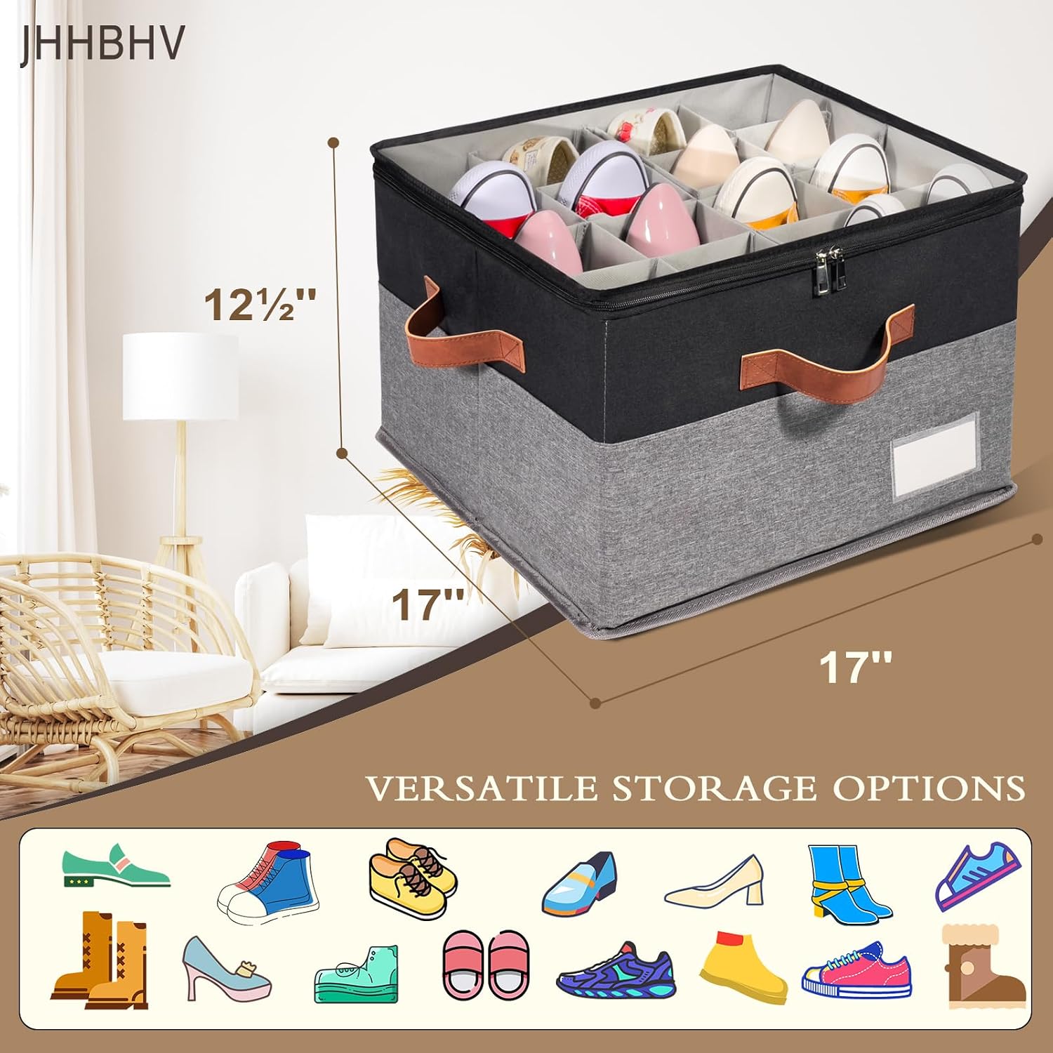 2 Pack Shoe Organizer for Closet with Adjustable Divider Shoe Storage Box | Fits 16-32 Pairs Stackable Foldable Shoe Bin with Clear Cover for Sneaker Boot Heel Sandal Dorm Space Saving Black and Grey