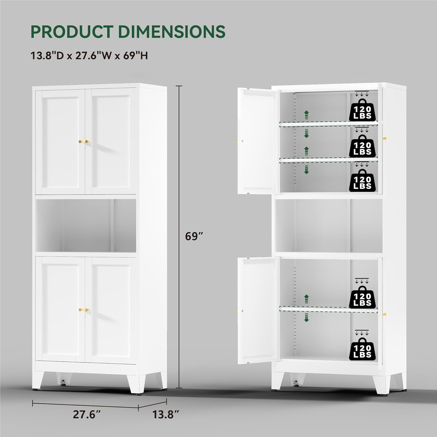 COFaR 69" Tall Modern Kitchen Pantry,Metal Storage Cabinet with Adjustable Shelves,Pantry Cabinet with 6-Tier,Freestanding Cupboard for Kitchen,Dining Room,Living Room,Bathroom,White