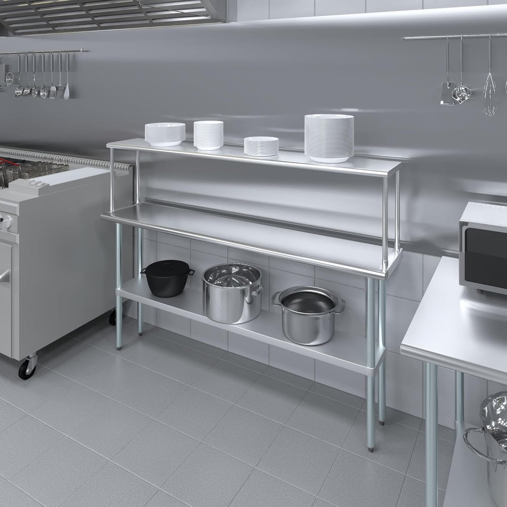 Stainless Steel Work Table with Wide Single Tier Overshelf | Metal Kitchen Pr...