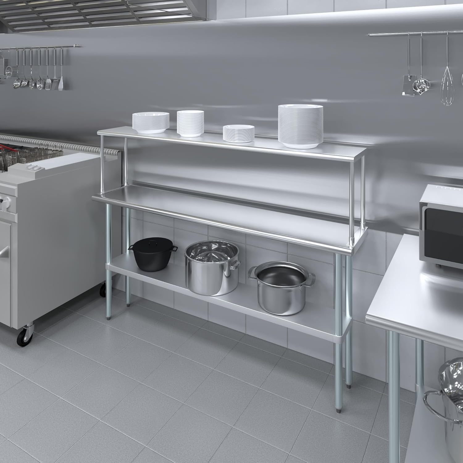 Stainless Steel Work Table with Wide Single Tier Overshelf | Metal Kitchen Prep Table & Shelving Combo (14" x 72" Work Table + 12" Overshelf)