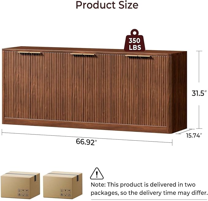 Evermagin 67" Walnut Fluted TV Stand for TVs up tp 75", Mid-Century Modern Entertainment Center with Storage Cabinets and Fluted Doors, Wood Media TV Consoles for Living Room and Bedroom Furniture
