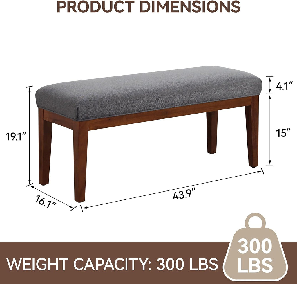WUTUTUEE 43.5'' Linen Bedroom Bench, Upholstered End of Bed Bench, Padded Vintage Dining Bench, Entryway Bench with Solid Wood Legs, Kitchen, Living Room, Hallway, Dark Grey