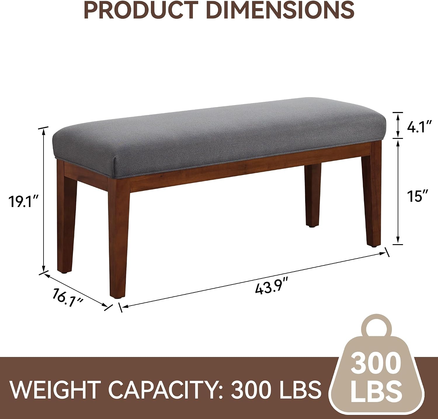 WUTUTUEE 43.5'' Linen Bedroom Bench, Upholstered End of Bed Bench, Padded Vintage Dining Bench, Entryway Bench with Solid Wood Legs, Kitchen, Living Room, Hallway, Dark Grey