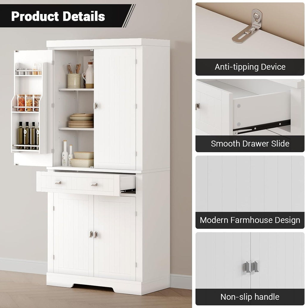 71-Inch Tall Kitchen Storage Cabinet, 2 Large + 1 Drawer + 6 Door Shelves, Pantry Organizer for Food, Utensils & Kitchenware, Storage for Kitchen & Bathroom, White