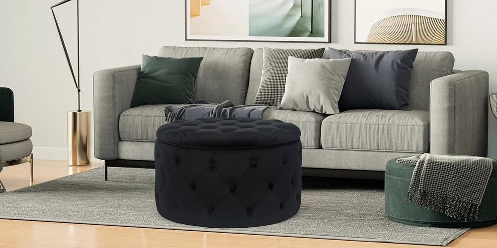 Joveco Round Storage Ottoman, Button Tufted Upholstered Ottoman with Removabl...
