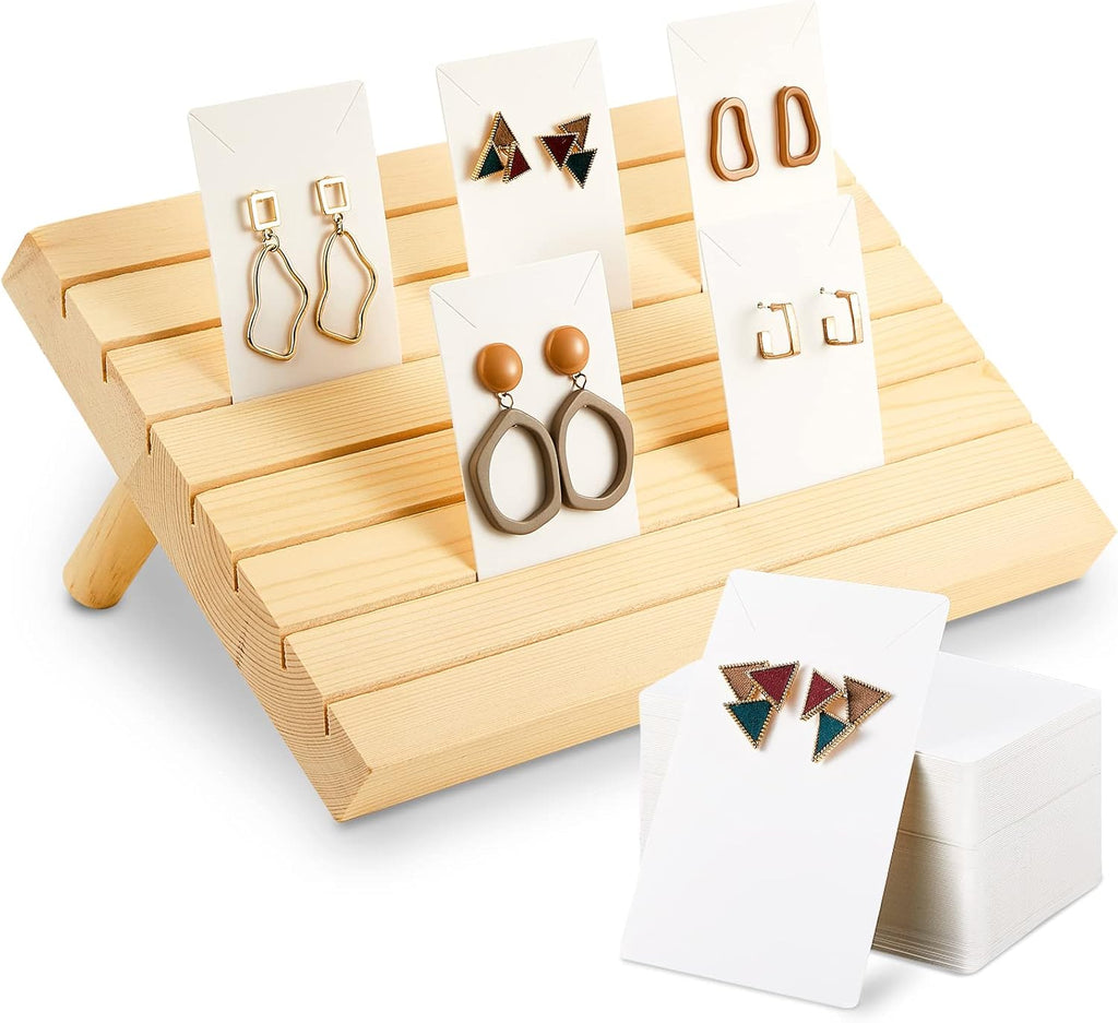 Blulu 31 Pack Wooden Earring Display Stand 7 Slots jewelry Display Holder with Earring Card for Selling Vendors Retail Show