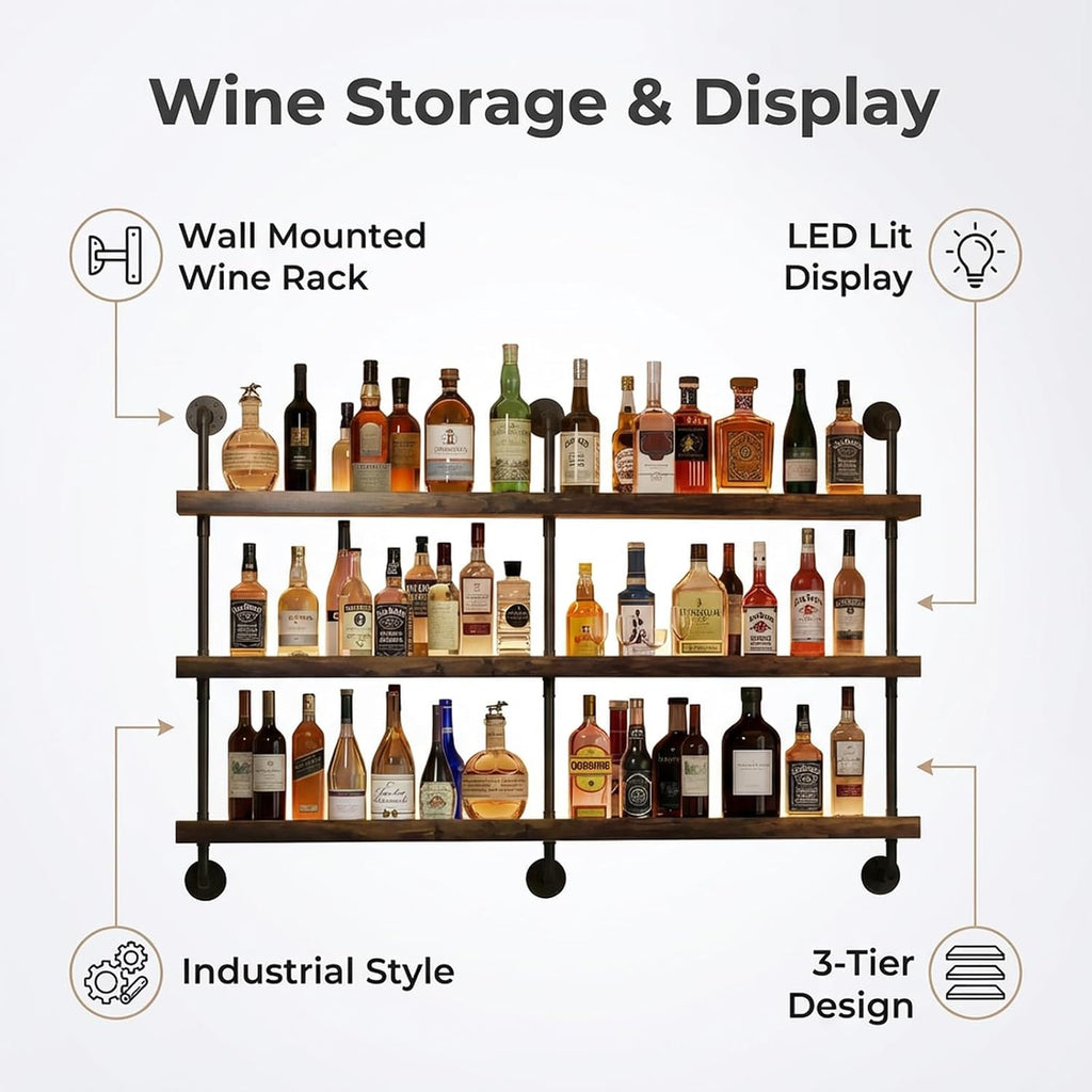 3-Tier Wall Mounted Wine Rack with LED & Bar Shelf | 47.2" Wine Bottles Display Shelf, Liquor Display & Storage, Floating Bar Shelves Wall Mounted, Kitchen, Home Bar & Dining