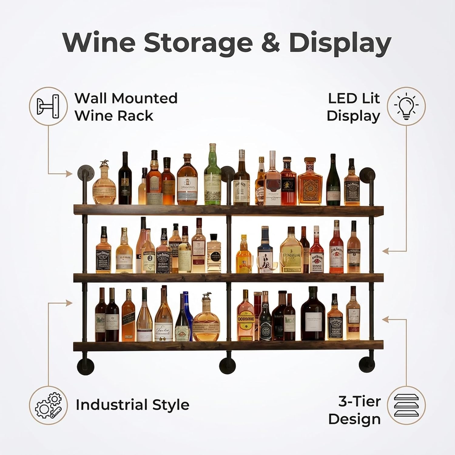 3-Tier Wall Mounted Wine Rack with LED & Bar Shelf | 47.2" Wine Bottles Display Shelf, Liquor Display & Storage, Floating Bar Shelves Wall Mounted, Kitchen, Home Bar & Dining