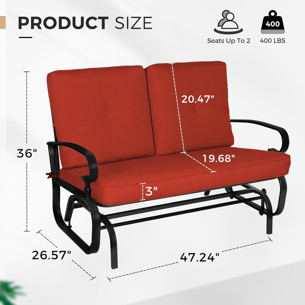 Crownland Outdoor Patio Glider Chair for 2-Person, Red | Wrought Iron Frame w...
