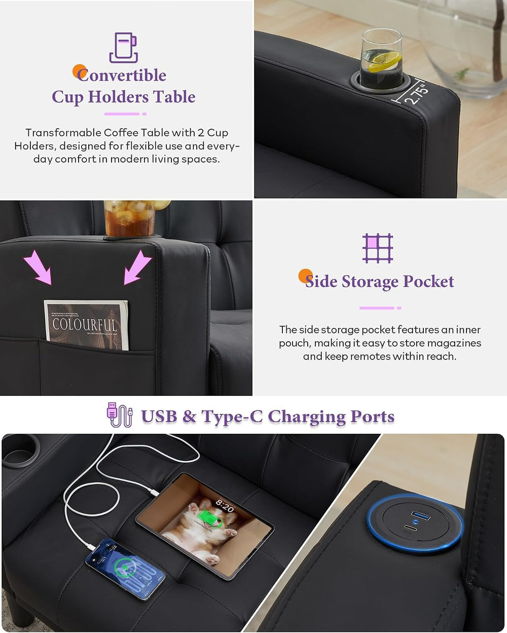62" W Leather Loveseat and 2 Chairs, Living Room Sets w/Charging Station
