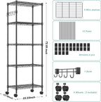 Himimi 5-Tier Wire Shelving Unit on Wheels, Adjustable Heavy Duty Metal Shelves with Side Hooks, Metal Organization Wire Rack for Kitchen Garage Basement, 13" L x 23" W x 72" H, Black