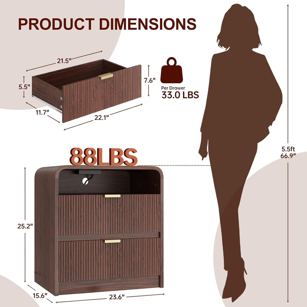 FURSUN 24" Fluted Nightstand with Charging Station, Wooden End Table wit...