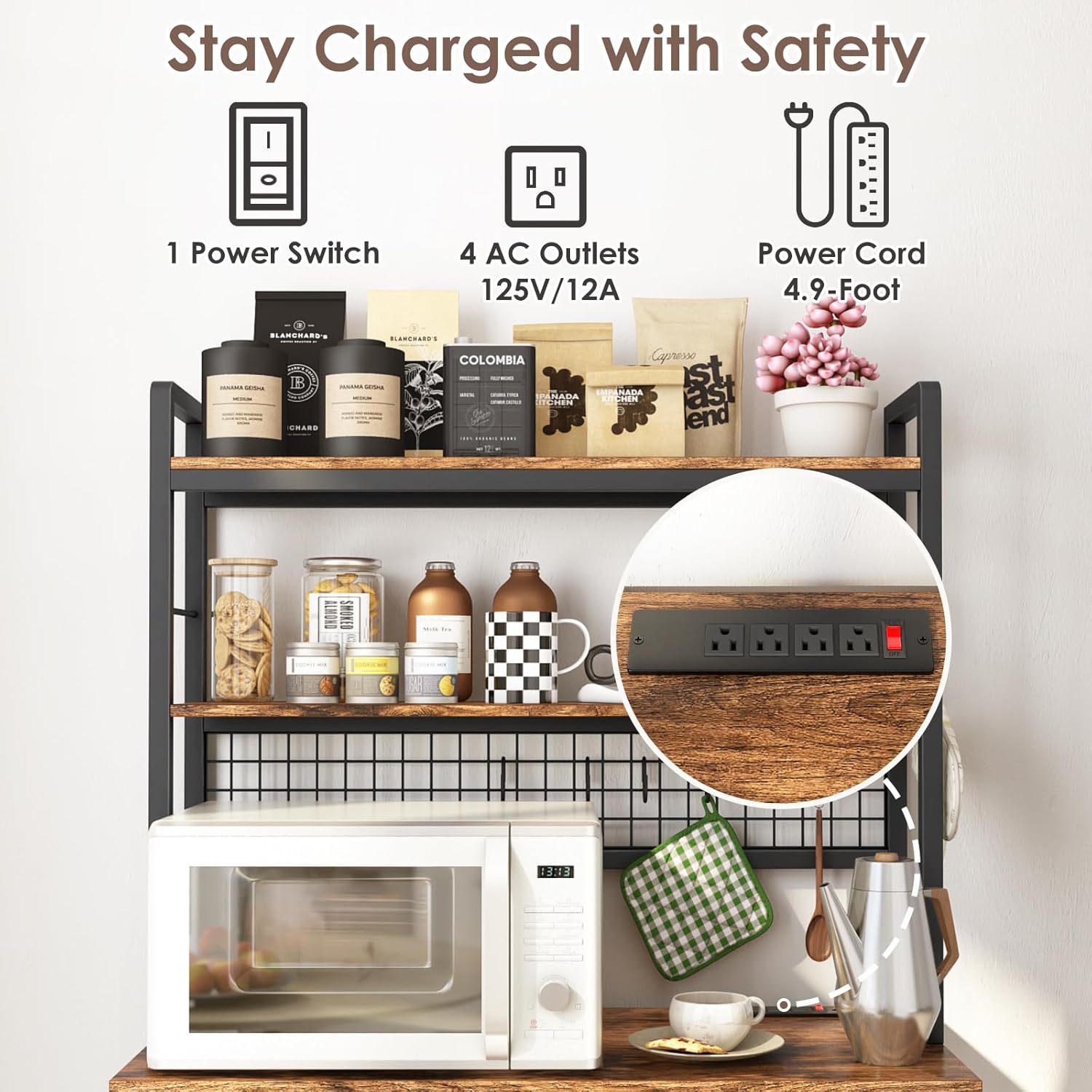 Multi-Functional Mini Fridge Stand, Mini Fridge and Microwave Storage Shelves with Power Outlet, Large Bakers Rack and Storage for Kitchen Appliances, Perfect for Dorm Kitchen Coffee Bar