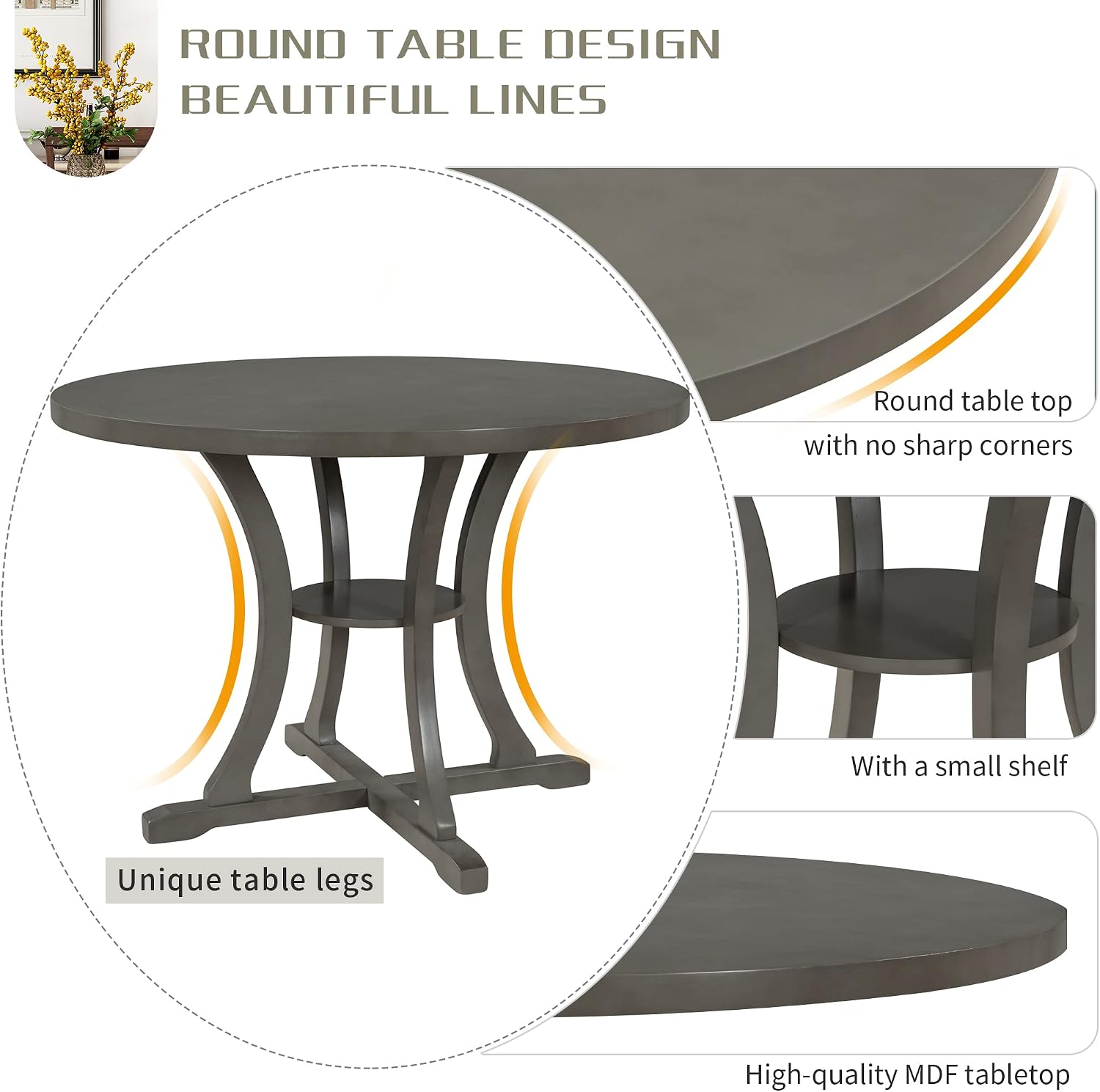 Merax 5 Piece Round Dining Table Set 4 Retro Chairs with Special-Shaped Table Legs, Exquisitely Designed Hollow Chair Back for Dining Room, Grey