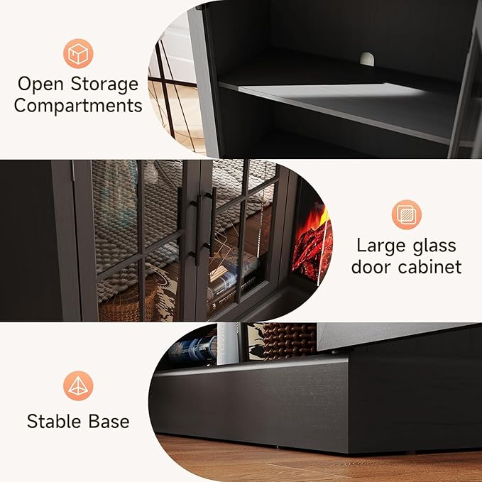Black 98" Farmhouse TV Stand with 36" Fireplace for Living Room,Media Entertainment Center with Adjustable Shelves and Large Storage Cabinets, TVs up to 100"