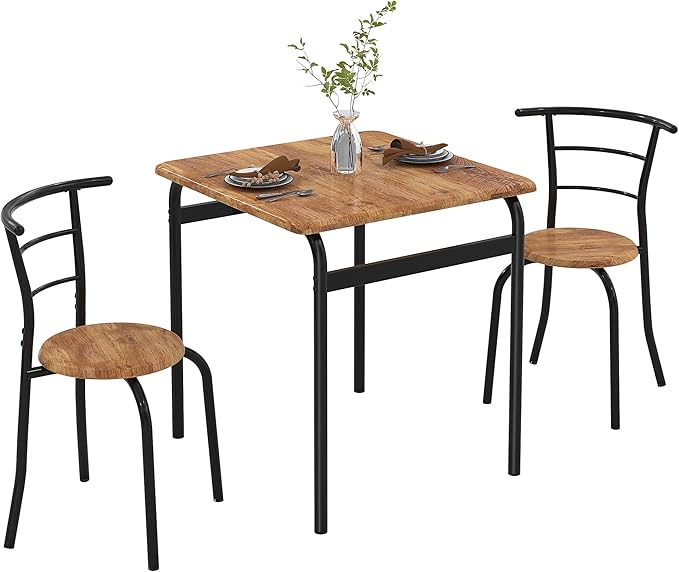VECELO Dining Table Set for 2, 3-Piece Modern Dinette with Chairs for Small Space, Kitchen, Breakfast Nook, Brown