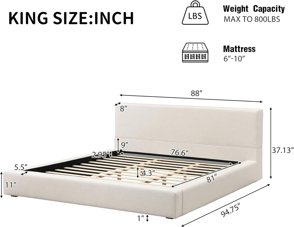 Merax King Size Bed Frame, 95" L x 88" W Upholstered Platform Bed w...
