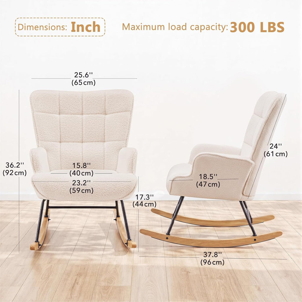 Furniliving Nursery Rocking Chair Modern Armchair Upholstered Glider Rocking Chair Nursery Chair Reading Chair with High Backrest Solid Wood Base for Bedroom, Living Room, Office, White, Teddy