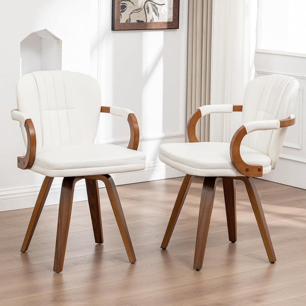 Swivel Dining Chairs Set of 2 Mid Century Modern White Faux Leather Upholster...