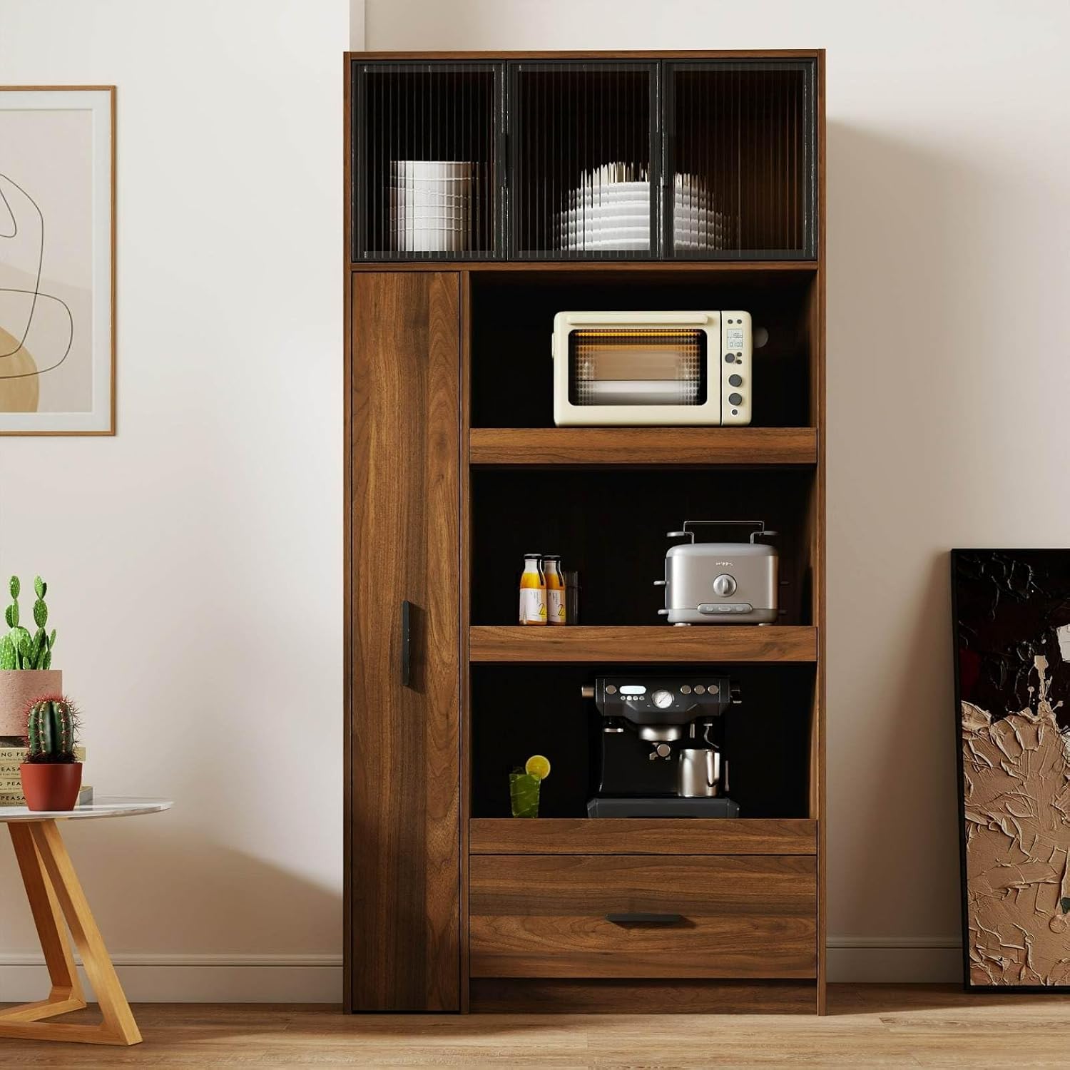 70.87" Kitchen Pantry Cabinet with Multi-Functional Pull-Out Storage Shelves, Glass Door, Drawer, Walnut Wood Cupboard for Kitchen, Dining Room, Microwave Stand, Coffee Bar