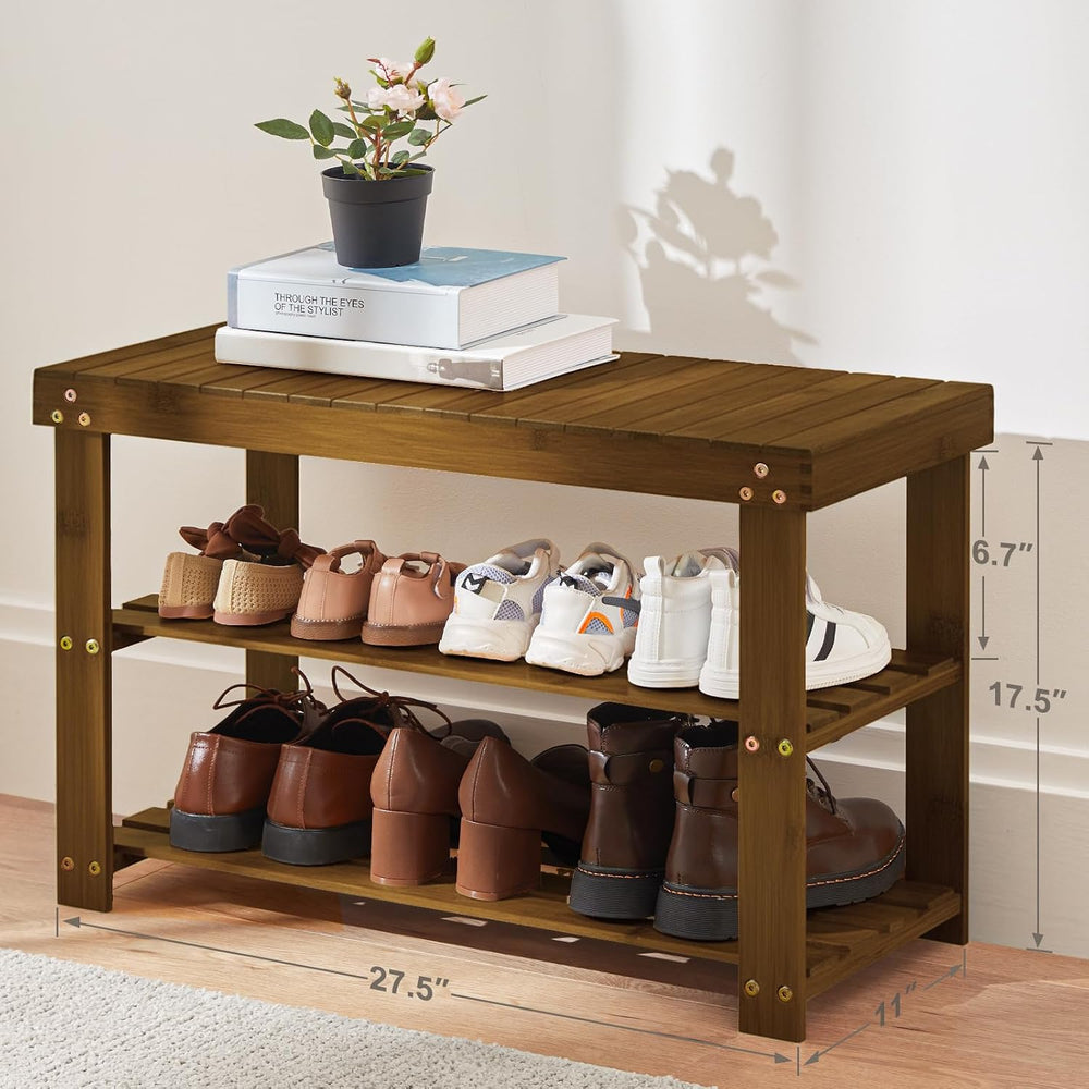 Pipishell Bamboo Shoe Rack Bench, 3 Tier Sturdy Shoe Bench, Storage Shoe Orga...
