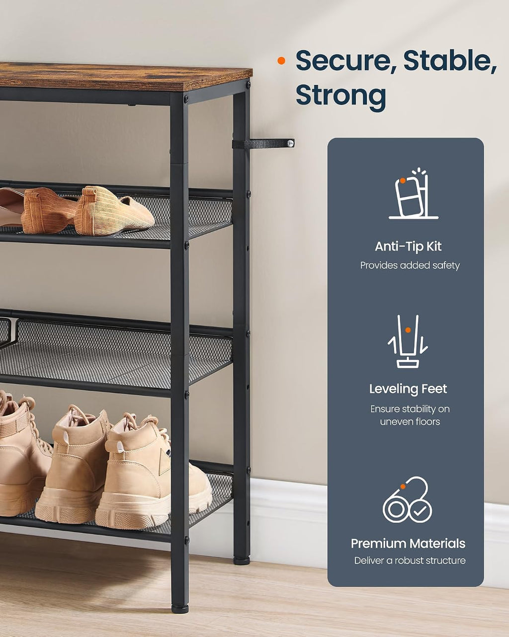SONGMICS HOME 4 Tier Shoe Storage Organizer, Freestanding Shoe Rack, Dense Mesh, for Living Room, Bedroom, Entryway, Rustic Brown and Black