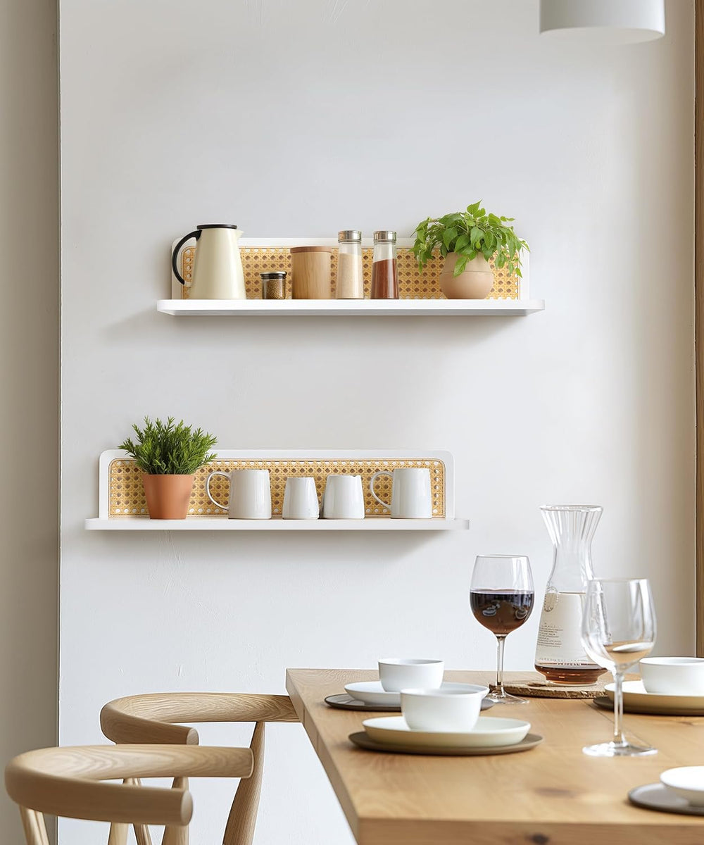 24 Inch White Rattan Wall Shelf, Boho Floating Shelves