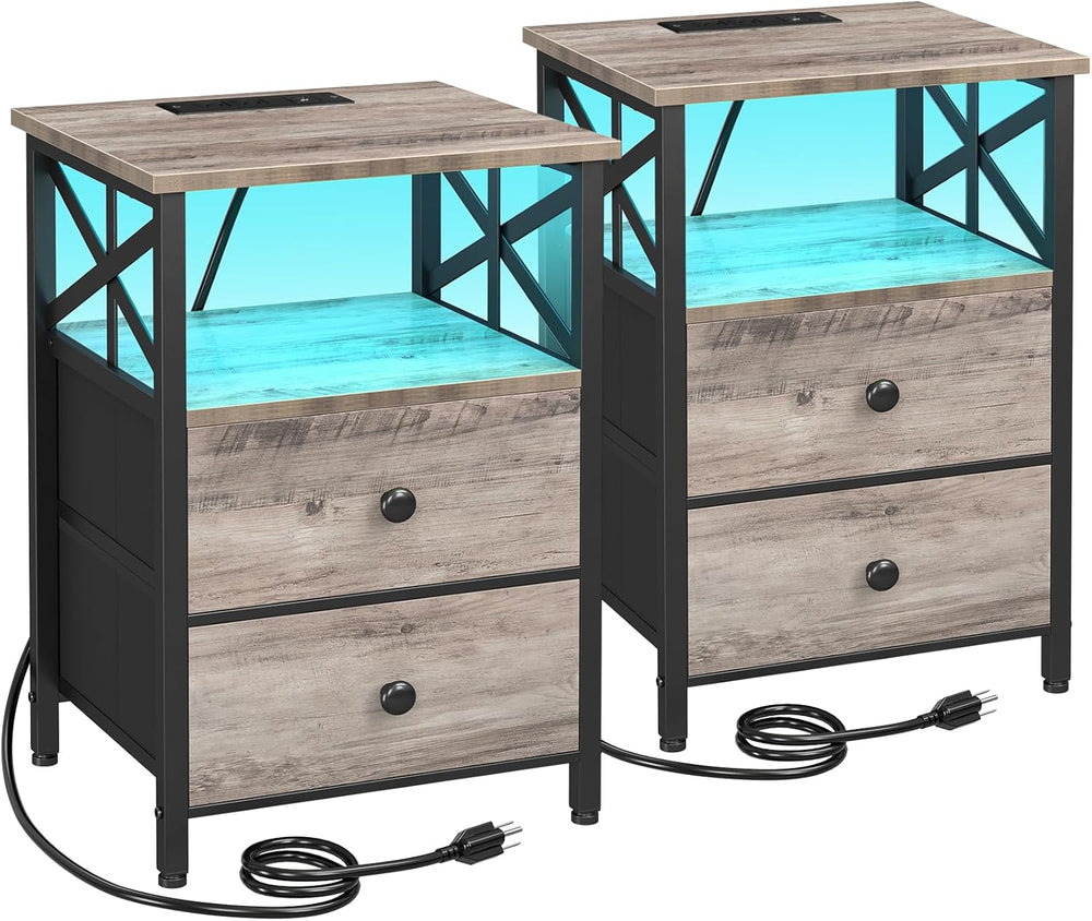AMHANCIBLE Nightstands Set of 2 with Charging Station and LED Lights | Large ...