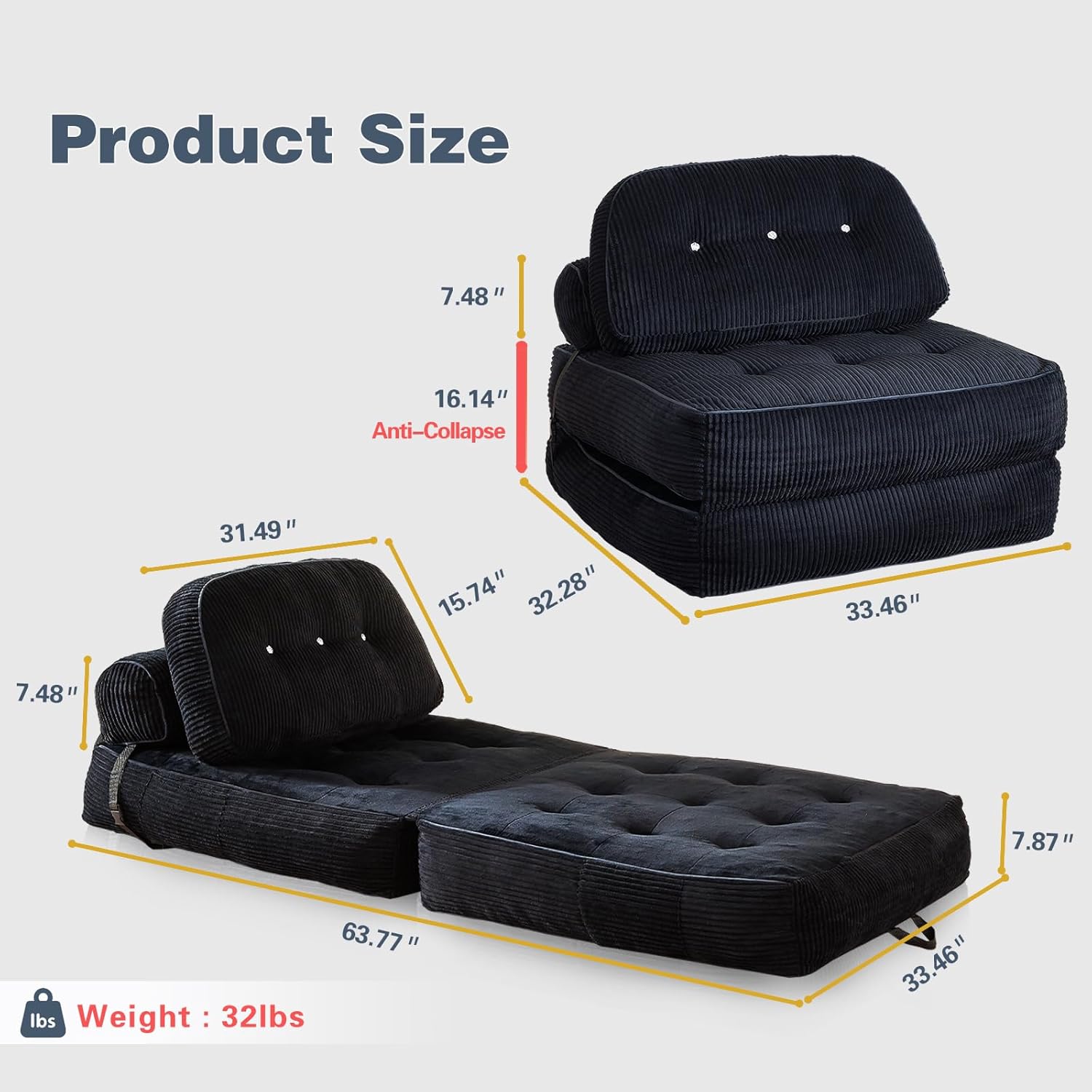 Folding Sofa Bed, Flannel Futon Couch Bed with Pillow and Blanket, Convertible Sleeper Chair for Small Space Apartment Guest Room, Black