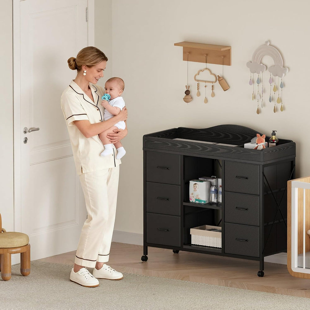 Changing Table, 6-Drawer Dresser, Adjustable Shelves, Mobile, Black