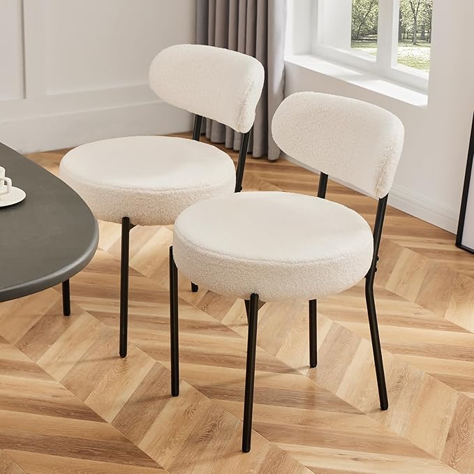 Sweetcrispy Dining Chairs Set of 6, Boucle Upholstered Modern Mid Century Round Kitchen Chairs with Curved Backrest & Metal Legs for Vanity, Living Room - Classic Beige