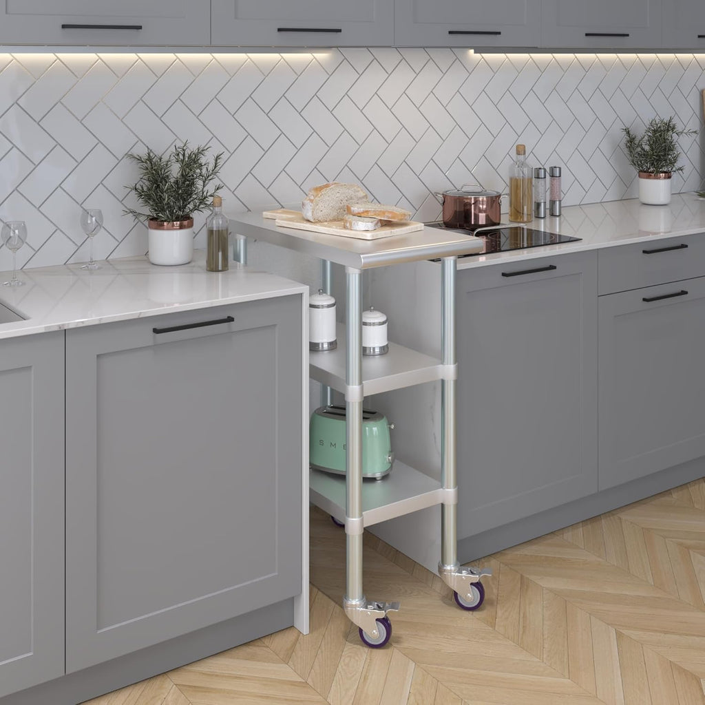 AmGood Stainless Steel Work Table with 2 Shelves and Casters | Metal Utility Table On Wheels (Stainless Steel Work Table with 2 Shelves + Casters, 15" Long x 30" Deep)