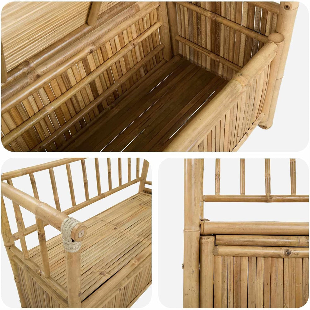 Bamboo Garden Storage Bench, Outdoor Patio Seating with Hidden Storage Compar...
