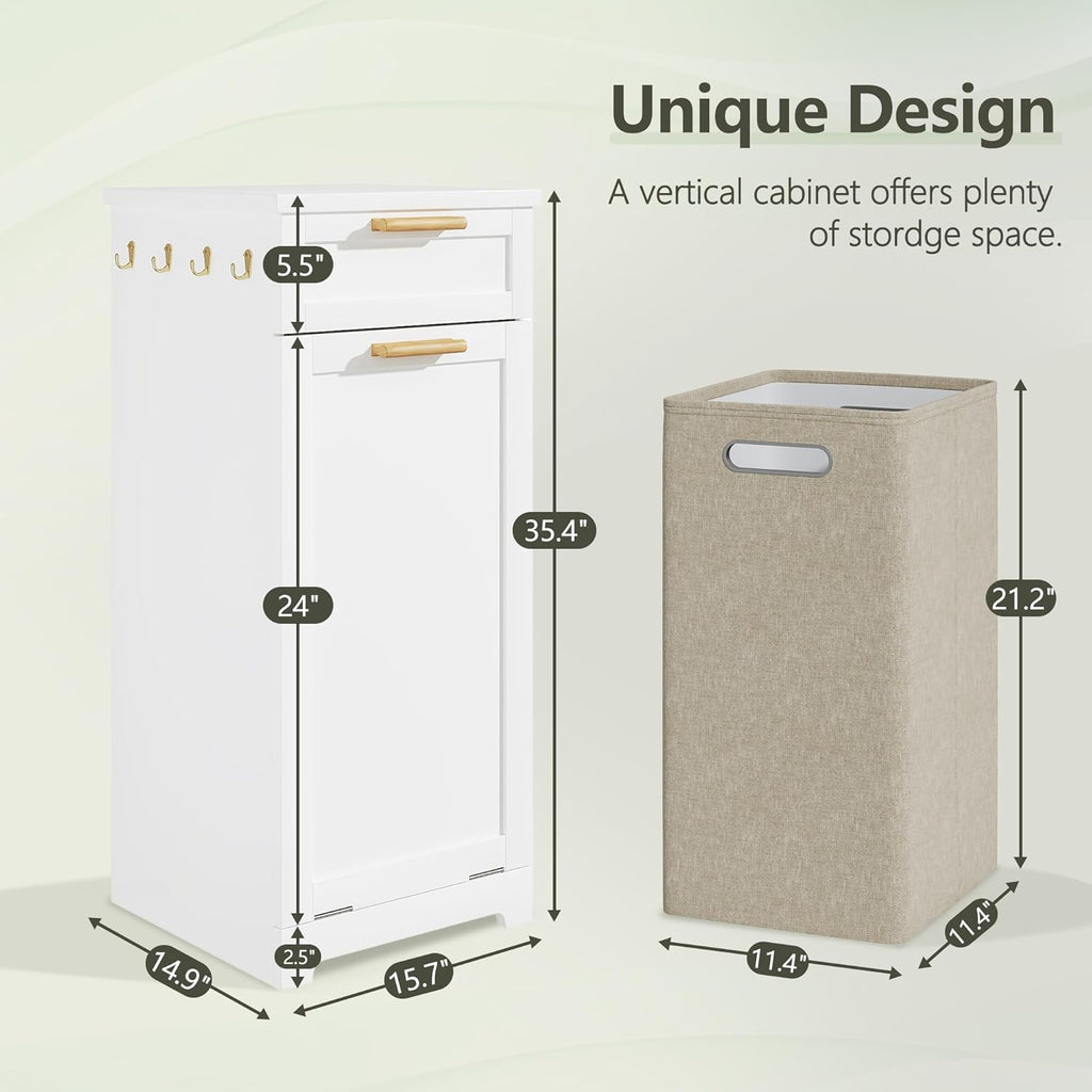 VECELO Tilt Out Laundry Hamper, 35" Bathroom Cabinet with Hidden Removable Basket, 1 Drawer and 4 Side Hooks for Storage, White
